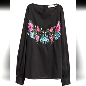 H&M EMBROIDERED BLACK LONG SLEEVE BLOUSE SIZE 6